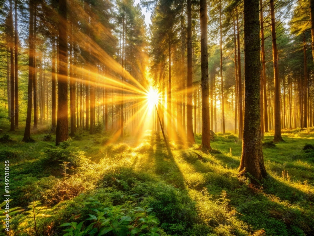 Fototapeta premium Golden hour sunbeams illuminate an enchanted forest, painting a magical landscape.