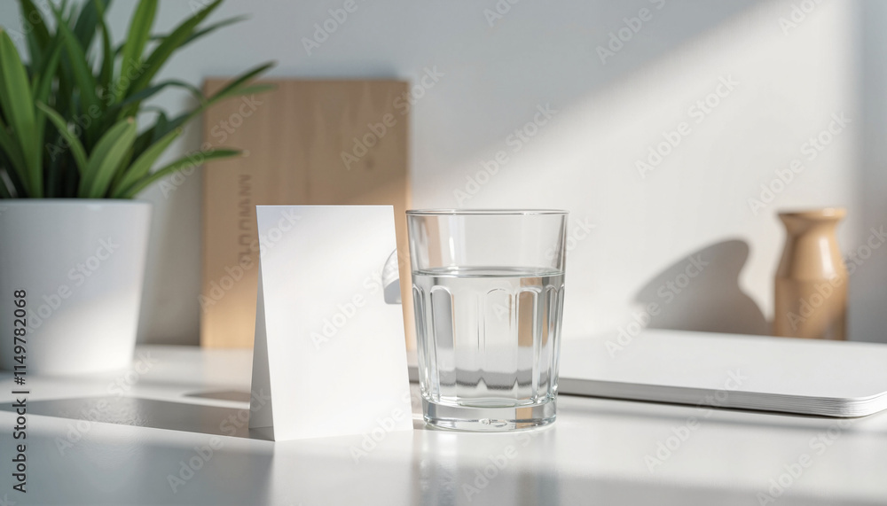 Bright sunlight fills a serene workspace featuring a glass of water and a notepad on a minimalist desk Bright sunlight fills a serene workspace featuring a glass of water and a notepad on a minimalist desk
