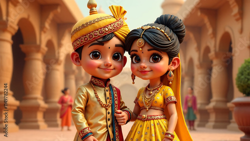 Traditional Elegance: 3D Caricature of a Couple in Ornate Indian Attire Featuring a Yellow and Blue Lehenga