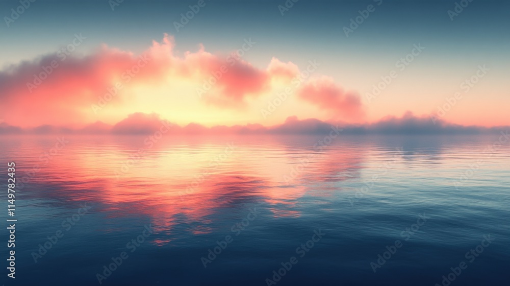 Fototapeta premium Serene sunset over calm water, reflecting vibrant colors in the sky and clouds.