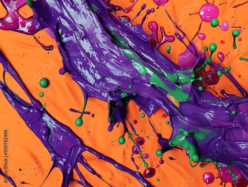 Abstract purple and green splashes on a bold orange backdrop.