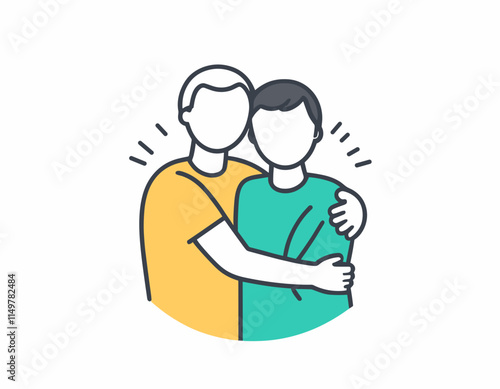 Thin outline icon man hugs another person. Line sign caregiver, hug friendship, care, empathy and compassion. Vector isolated pictogram on white background.