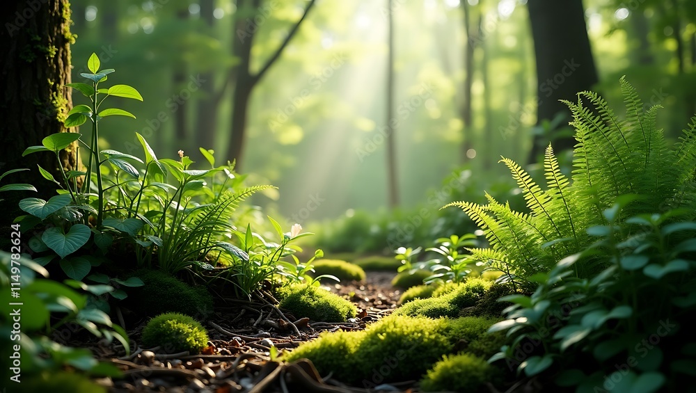 Fototapeta premium Sunlight highlights vibrant forest vegetation and mossy ground. Perfect for nature magazines, environmental blogs, or outdoor product advertisements
