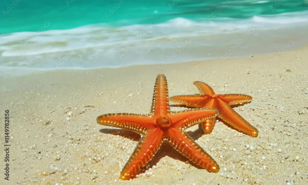 Starfish and white pearls on ocean or sea sand beach. Tropical summer vacation holiday nature landscape, exotic shell object, paradise island seashore Starfish and white pearls on ocean or sea sand beach. Tropical summer vacation holiday nature landscape, exotic shell object, paradise island seashore