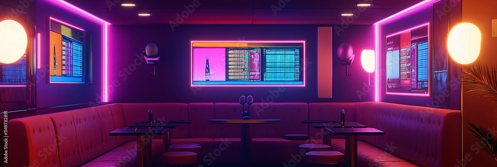 Fototapeta premium A cozy corner in the karaoke room, featuring plush seating, a modern microphone setup, and digital song selection screens, with soft neon lighting reflecting off the walls. 
