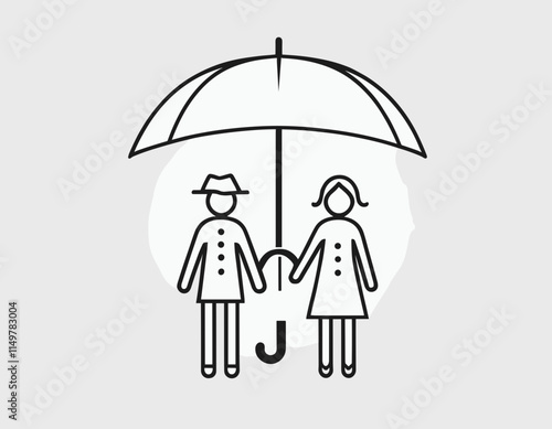 Thin outline icon people stand under umbrella. Such line sign as insurance family health, protection and safety. Vector isolated pictogram on white background editable stroke.