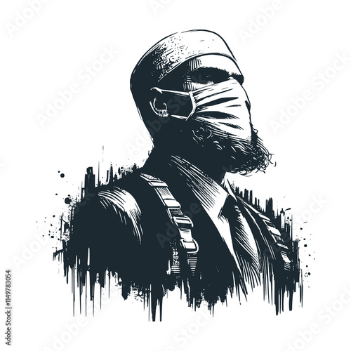 The muslim man with medical mask. Black white logo icon vector isolated. 