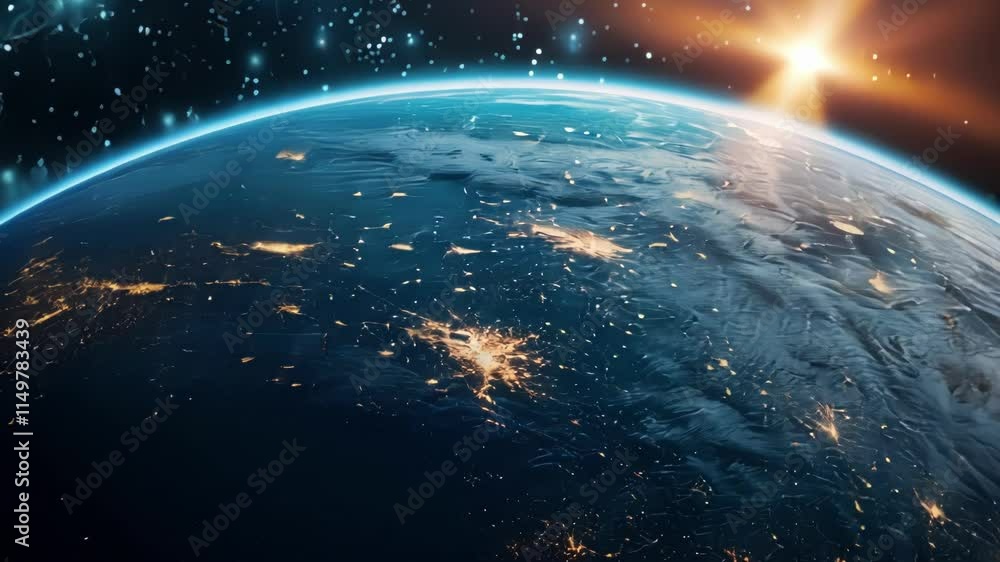 Planet earth is rotating in space showing big data connections between cities and sunrise illuminating the atmosphere. A breathtaking view of our planet's interconnectedness and the dawn of a new day