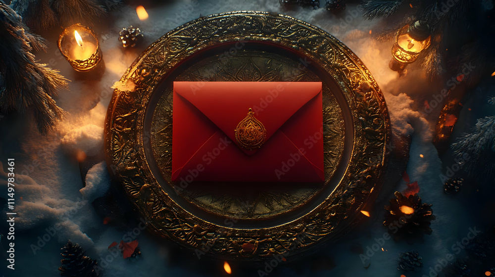 Fototapeta premium Red Envelope on Ornate Tray 3D Illustration