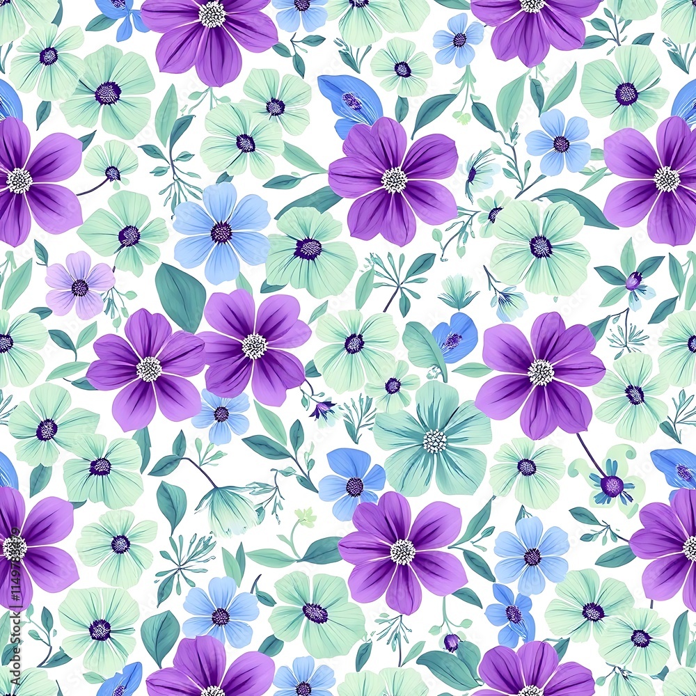 Floral Fantasy Seamless Pattern: A captivating design featuring an array of delicate purple and light blue flowers, intricately arranged to create a beautiful and harmonious floral pattern. Floral Fantasy Seamless Pattern: A captivating design featuring an array of delicate purple and light blue flowers, intricately arranged to create a beautiful and harmonious floral pattern.