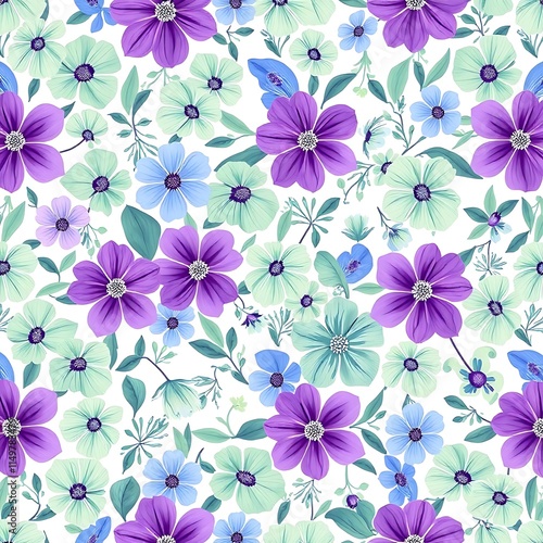 Floral Fantasy Seamless Pattern: A captivating design featuring an array of delicate purple and light blue flowers, intricately arranged to create a beautiful and harmonious floral pattern.