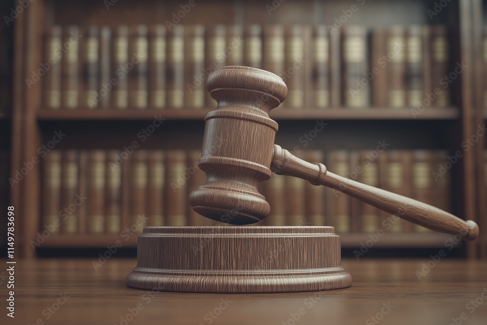 Judicial gavel resting on wooden block in a law library setting Judicial gavel resting on wooden block in a law library setting