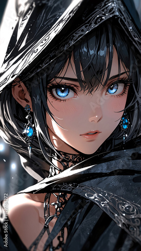 Chic blue eyed girl in hoodie and silver jewelry walking through modern city streets