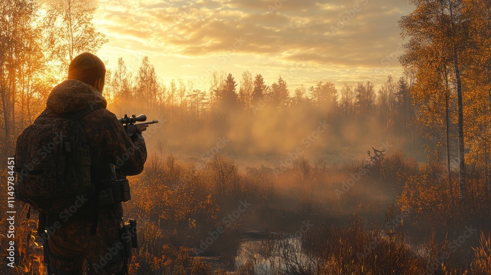 Hunter aiming rifle at sunrise in misty forest. Hunter aiming rifle at sunrise in misty forest.