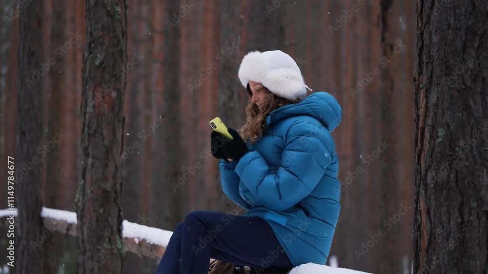 Woman wearing warm winter clothing relaxing in snow-covered pine forest, comfortably using smartphone while enjoying peaceful natural surroundings Woman wearing warm winter clothing relaxing in snow-covered pine forest, comfortably using smartphone while enjoying peaceful natural surroundings