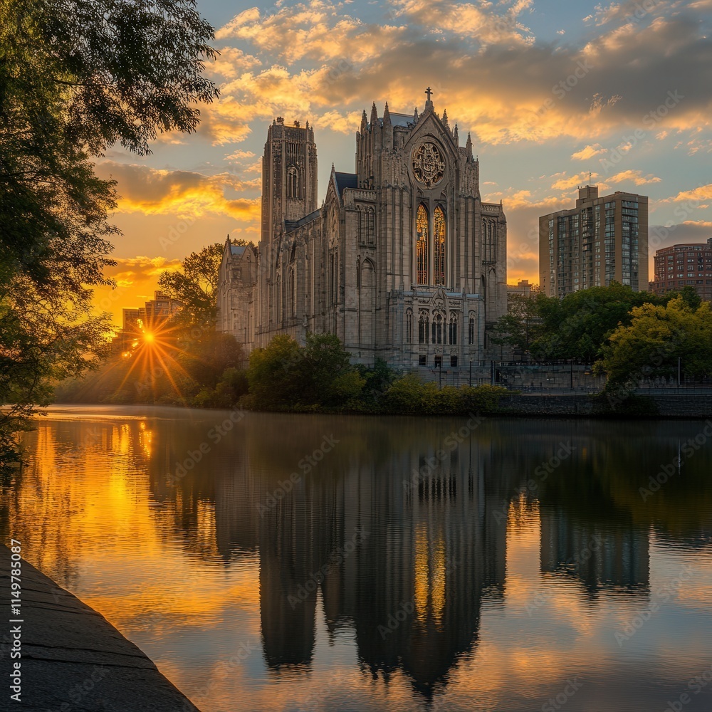 Obraz premium riverside church, with soft morning light illuminating its stone facade. The still river glows with golden reflections from the sky