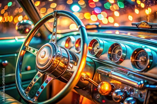 Surreal Vintage Car Dashboard Close-Up: Keys in Ignition, Dreamlike Lighting