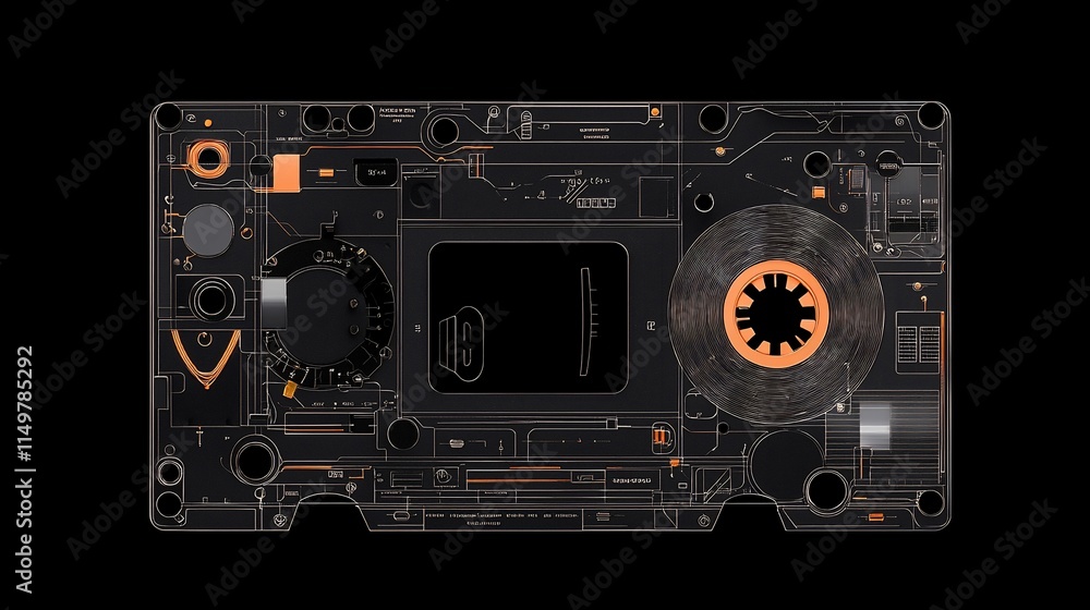 Futuristic cassette tape with circuit board design. Futuristic cassette tape with circuit board design.