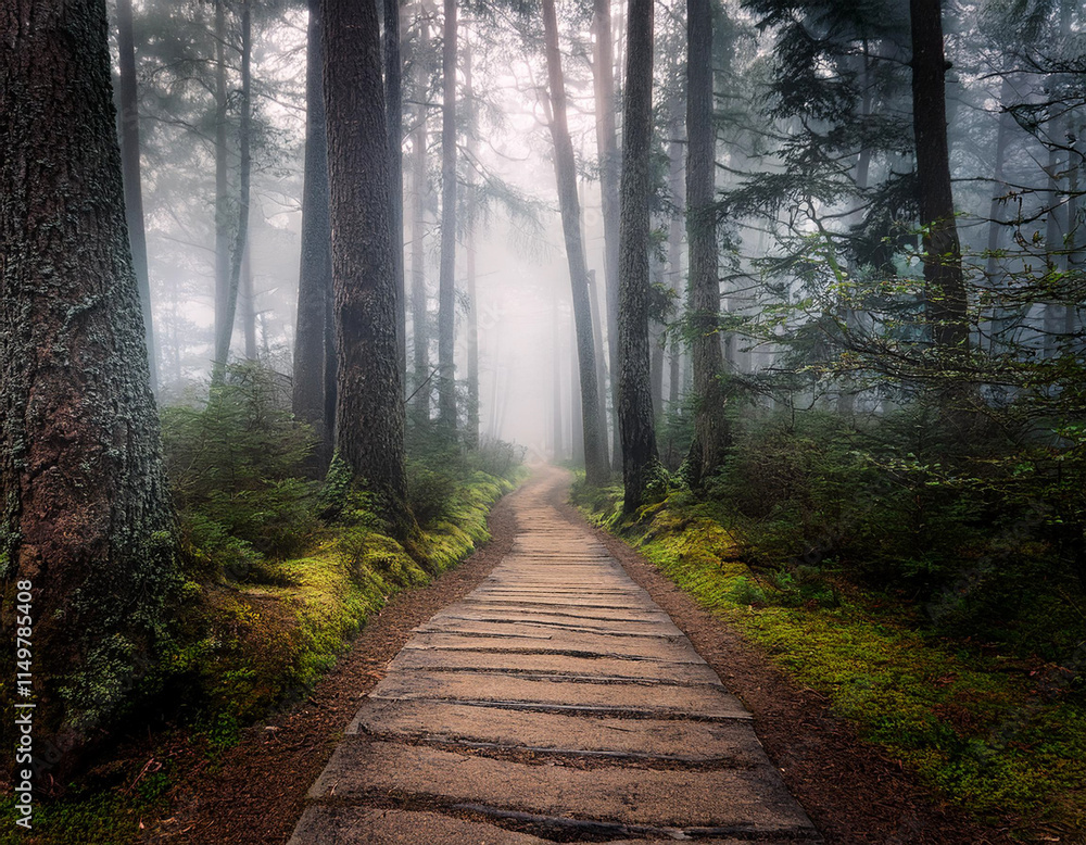 Obraz premium A weathered pathway split into two in a misty forest, representing mysterious choices ahead.
