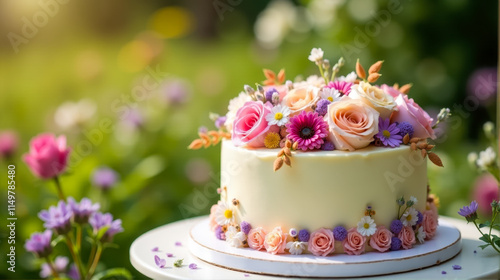 Beautifully decorated floral cake surrounded by blooming garden flowers during a sunny afternoon