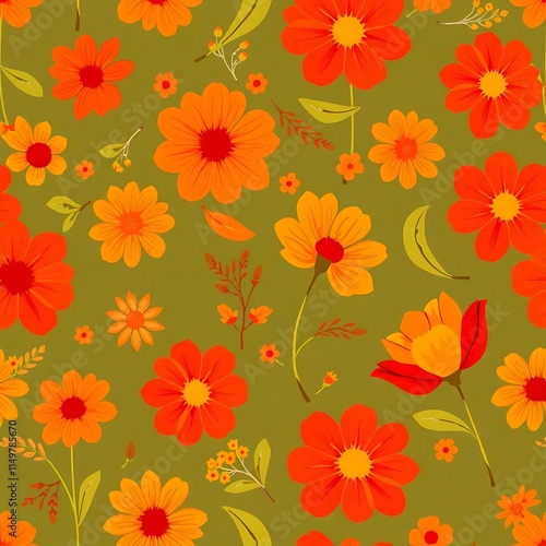 Autumnal Floral Pattern:  A vibrant and cheerful seamless pattern featuring a mix of orange and yellow flowers on a muted olive green background. Perfect for textile design, wallpaper.