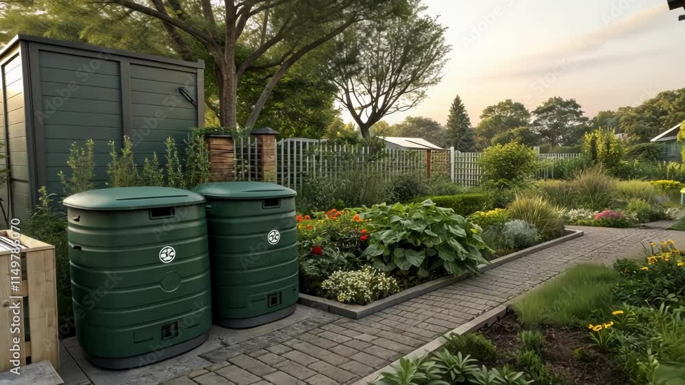 Sustainable garden featuring compost bins and waste conversion technology. Sustainable garden featuring compost bins and waste conversion technology.