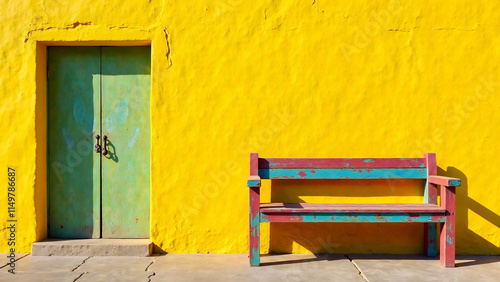 vibrant yellow wall with rustic wooden door and colorful bench