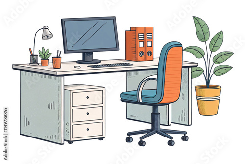 A professional office desk with a single monitor, vibrant orange chair, organized files, potted plants, and minimalistic design emphasizing practicality, isolated on a transparent background photo