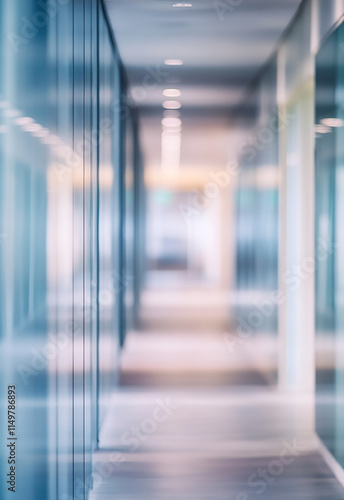 Blurred of modern office business open space interior.
entrance doors and glass curtain wall with frame blue white balance processing style abstract background 