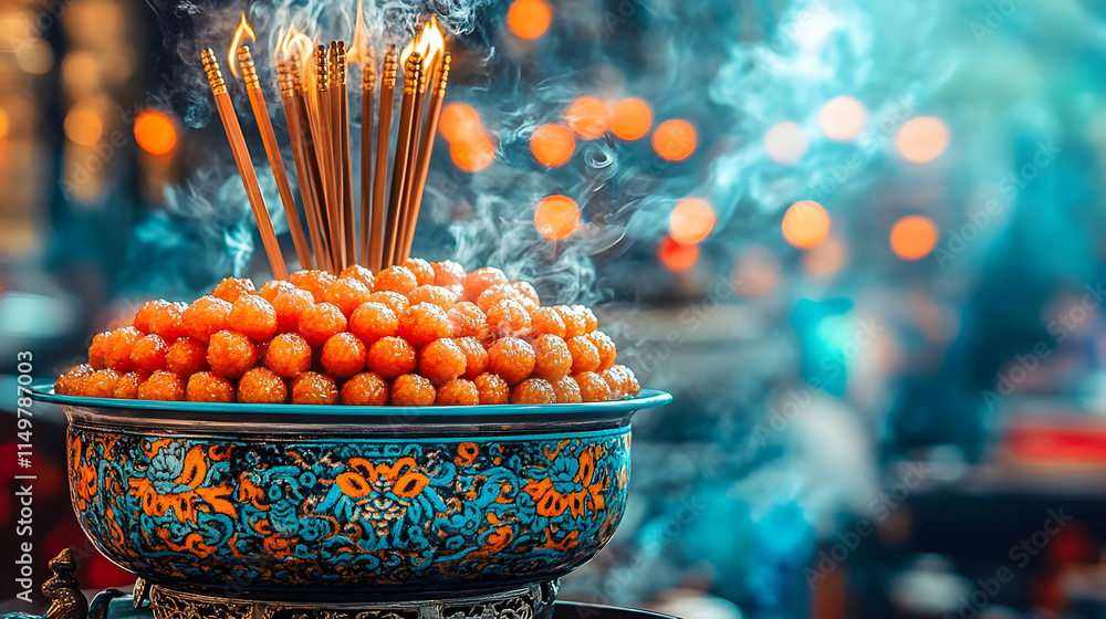 Naklejka premium Smoky Incense and Sweet Treats: A Festive Food Illustration