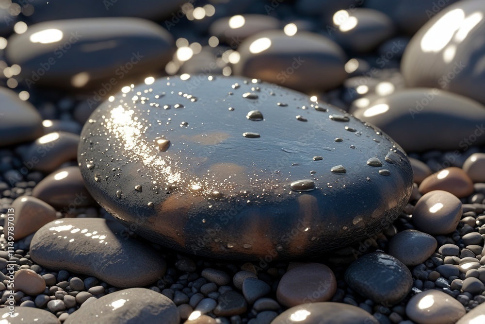 A large, worn-smooth river rock, its grayish-brown surface glistening with subtle moisture, sits serenely in a gentle, meandering stream, surrounded by a halo of smaller,generative ai A large, worn-smooth river rock, its grayish-brown surface glistening with subtle moisture, sits serenely in a gentle, meandering stream, surrounded by a halo of smaller,generative ai