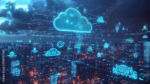A futuristic city powered entirely by AI and cloud computing, with glowing holograms and robots everywhere, cyber-futuristic style