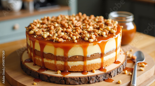 Delicious layered cake topped with caramel and peanuts on a wooden surface in a cozy kitchen setting