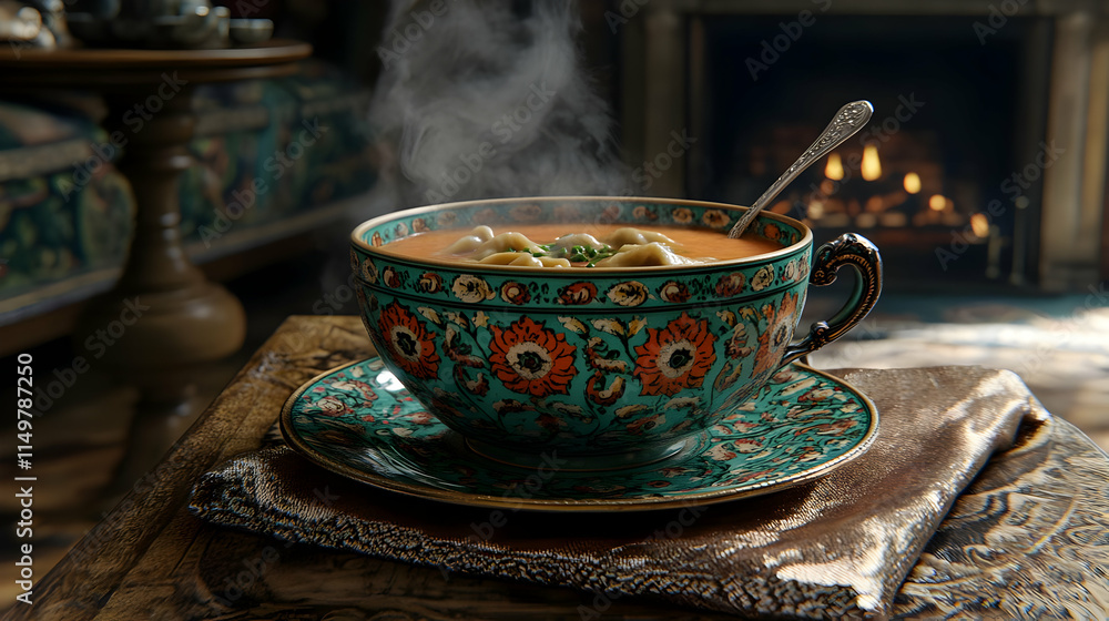 Fototapeta premium Steaming Soup in Ornate Cup - 3D Render