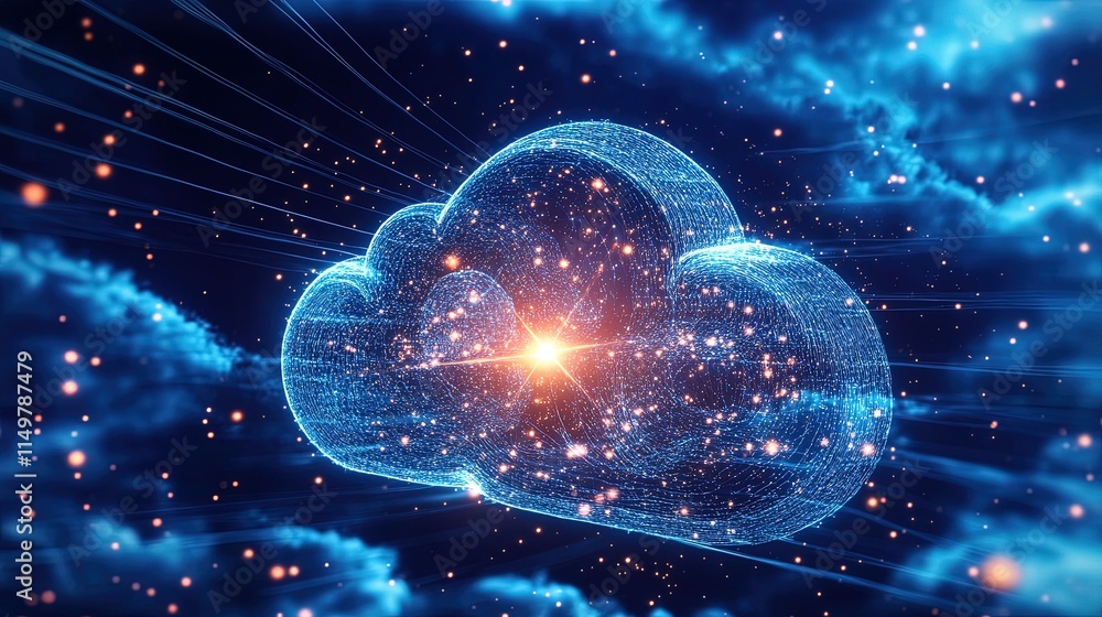 Obraz premium A visualization of cloud computing as a bright energy core surrounded by swirling digital clouds, cosmic style
