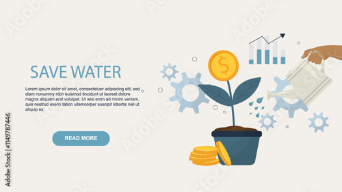 Save Water, Grow Money Concept. plant growing from coins, with water being poured, symbolizing the importance of water conservation for financial well-being. Sustainable Growth Concept with Watering. 
