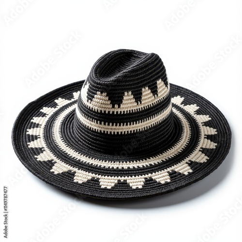 Intricate black and white sombrero vueltiao, resting on a white surface, with its woven design highlighted by soft lighting  photo