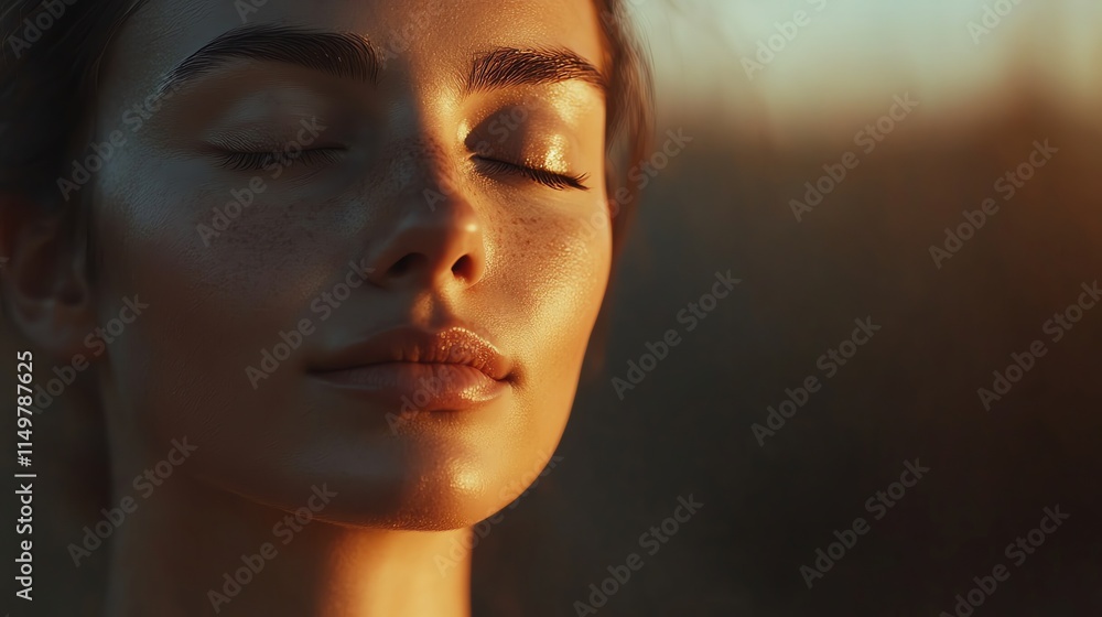 A woman with freckles and closed eyes is lit from the side by a warm, golden light. A woman with freckles and closed eyes is lit from the side by a warm, golden light.