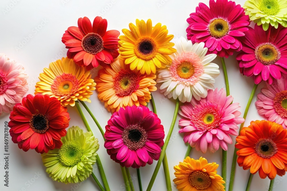 High-resolution AI-generated gerbera daisies create a vibrant, colorful flat lay floral background. High-resolution AI-generated gerbera daisies create a vibrant, colorful flat lay floral background.