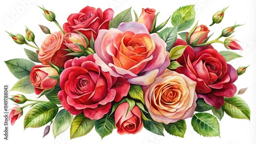 Fototapeta Naklejka Na Ścianę i Meble -  High-resolution AI-generated watercolor red rose bouquet, perfect for botanical illustrations and PNG downloads.