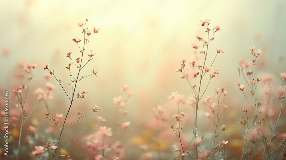 Soft focus image of delicate pink wildflowers in a misty field at sunrise or sunset. Soft focus image of delicate pink wildflowers in a misty field at sunrise or sunset.