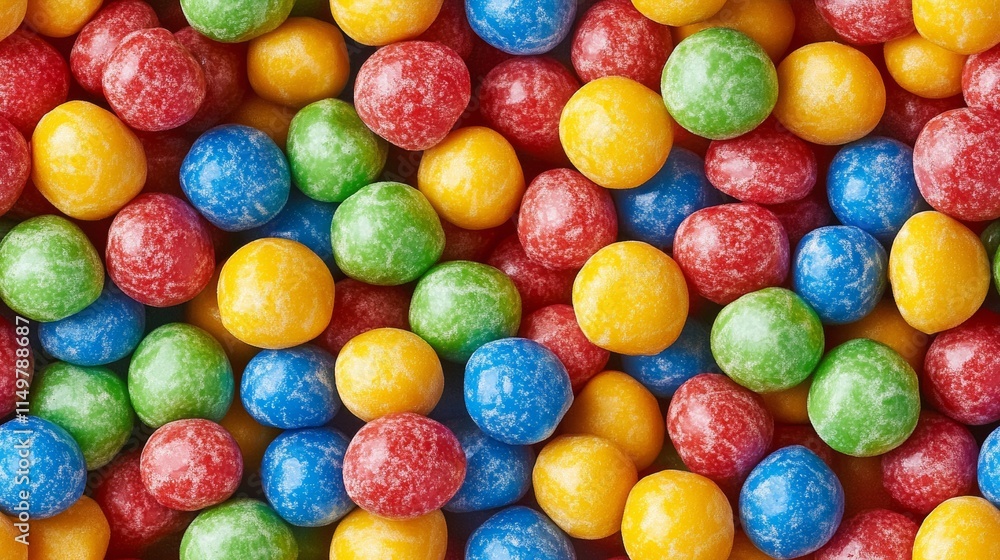 Bunch of colorful candy balls are piled up on top of each other. The colors are red, yellow, and blue Bunch of colorful candy balls are piled up on top of each other. The colors are red, yellow, and blue