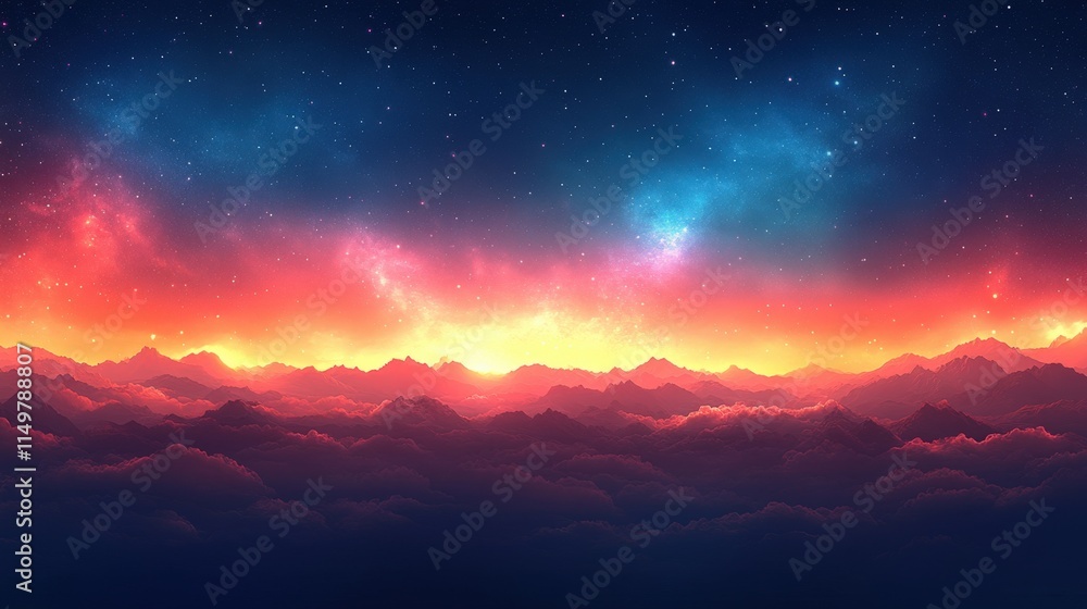Vibrant sunset over a mountain range with a starry night sky. Vibrant sunset over a mountain range with a starry night sky.
