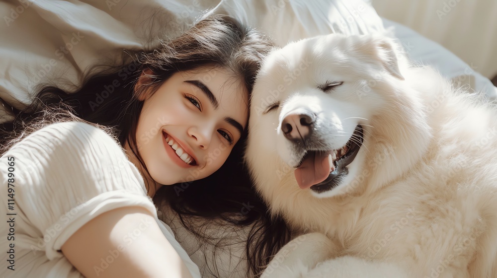 A young woman smiles and hugs her white dog. A young woman smiles and hugs her white dog.