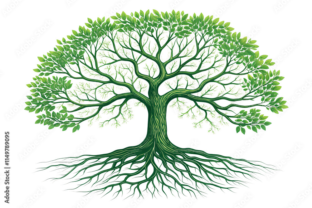 A vibrant green tree with detailed branching spreads symmetrically, featuring lush foliage and intricate roots, symbolizing life, growth, and interconnectedness, isolated on a transparent background A vibrant green tree with detailed branching spreads symmetrically, featuring lush foliage and intricate roots, symbolizing life, growth, and interconnectedness, isolated on a transparent background