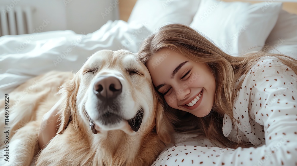 A young woman smiles and hugs her dog in a bed.