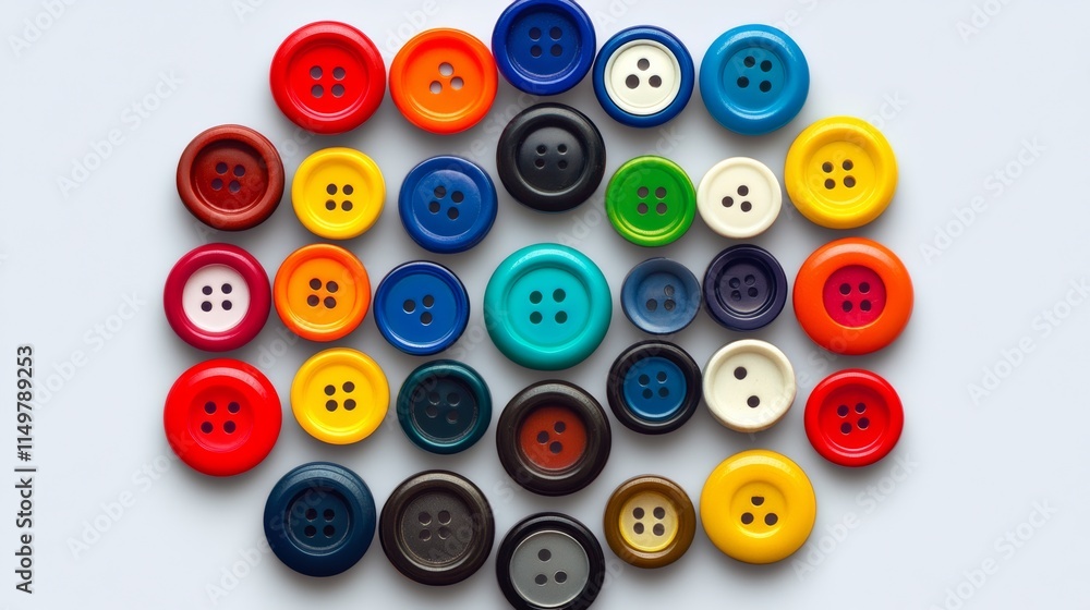Collection of colorful buttons are arranged in a circle. The buttons are of various sizes and colors, including red, blue, green, and yellow Collection of colorful buttons are arranged in a circle. The buttons are of various sizes and colors, including red, blue, green, and yellow