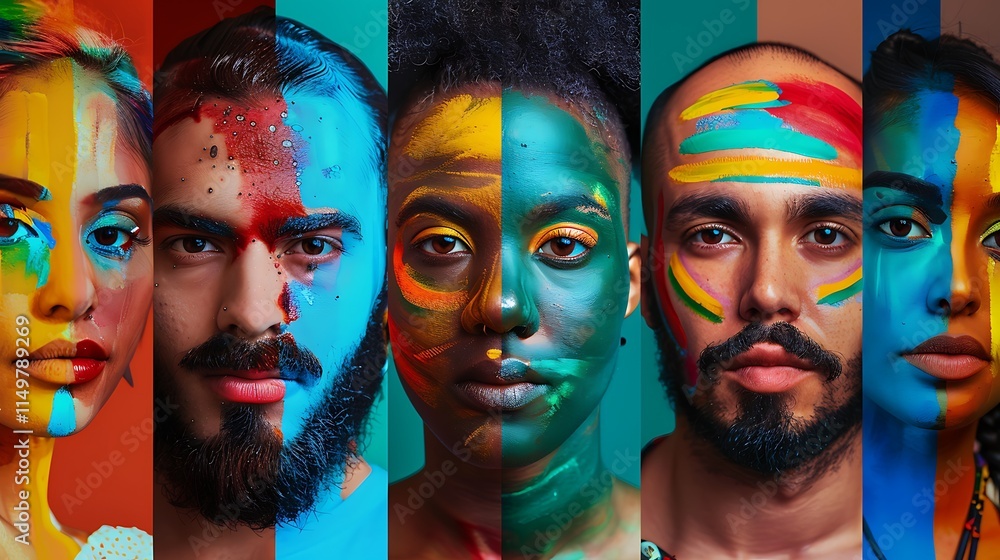 Obraz premium Brightly colored ethnic diversity portraits, symbolizing unity.