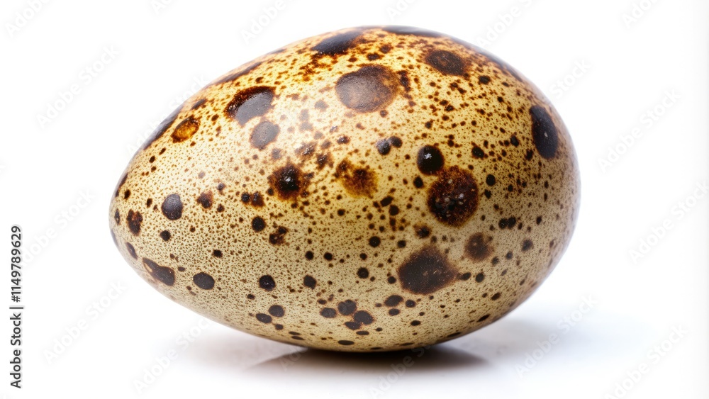 Macro shot: perfectly boiled quail egg, isolated on white, showcasing intricate detail with full depth of field. Macro shot: perfectly boiled quail egg, isolated on white, showcasing intricate detail with full depth of field.