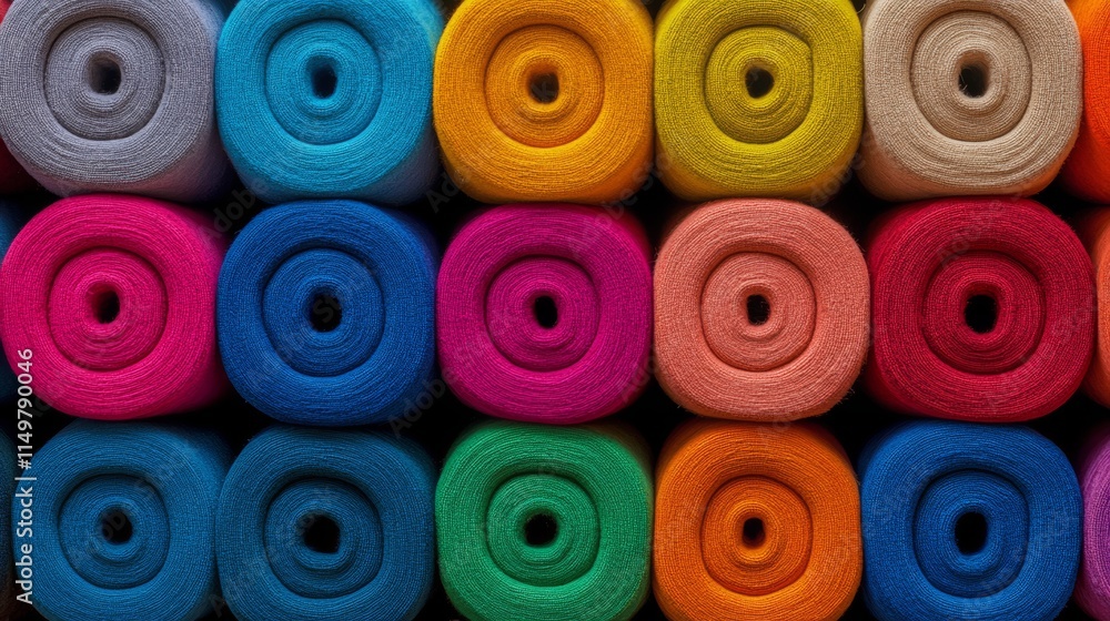 Row of colorful towels are stacked on top of each other. The towels are of different colors and sizes, creating a vibrant and lively scene Row of colorful towels are stacked on top of each other. The towels are of different colors and sizes, creating a vibrant and lively scene